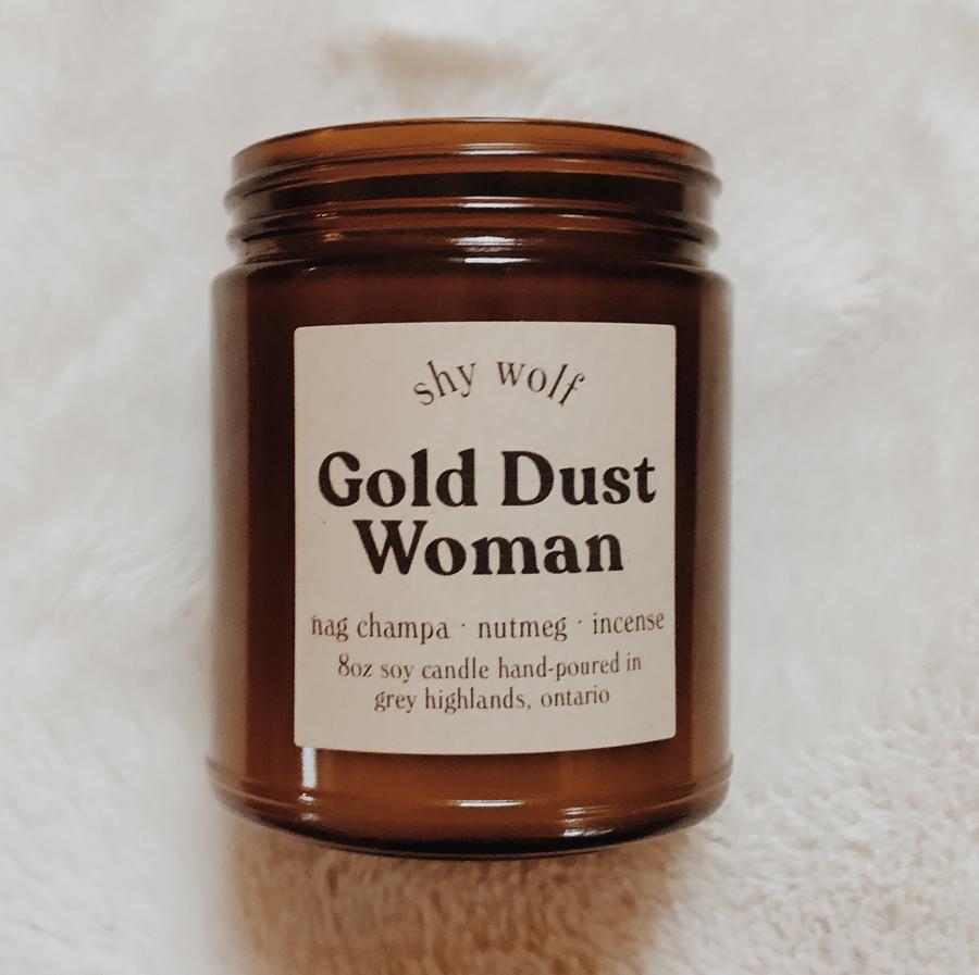 Made in Canada Gold Dust Woman natural soy candle scented with nag champa, nutmeg, incense.