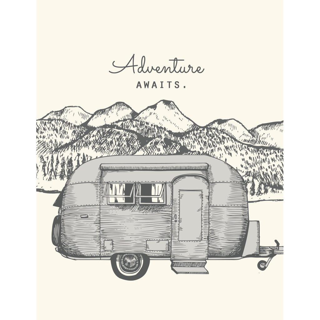Made in Canada greeting card with caption: Adventure Awaits. Airstream camper with trees, mountains and river in background.