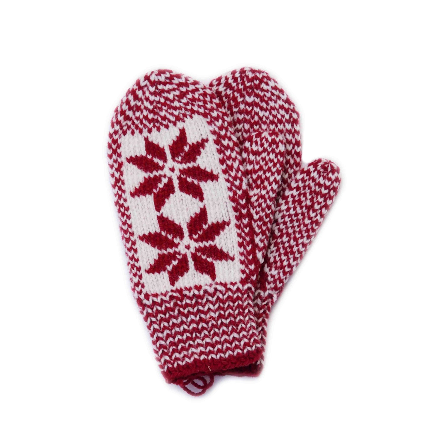 Hand knit red wool snowflake mitts from Newfoundland and Labrador, Canada.