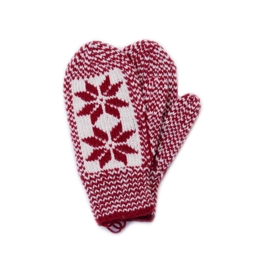 Hand knit red wool snowflake mitts from Newfoundland and Labrador, Canada.
