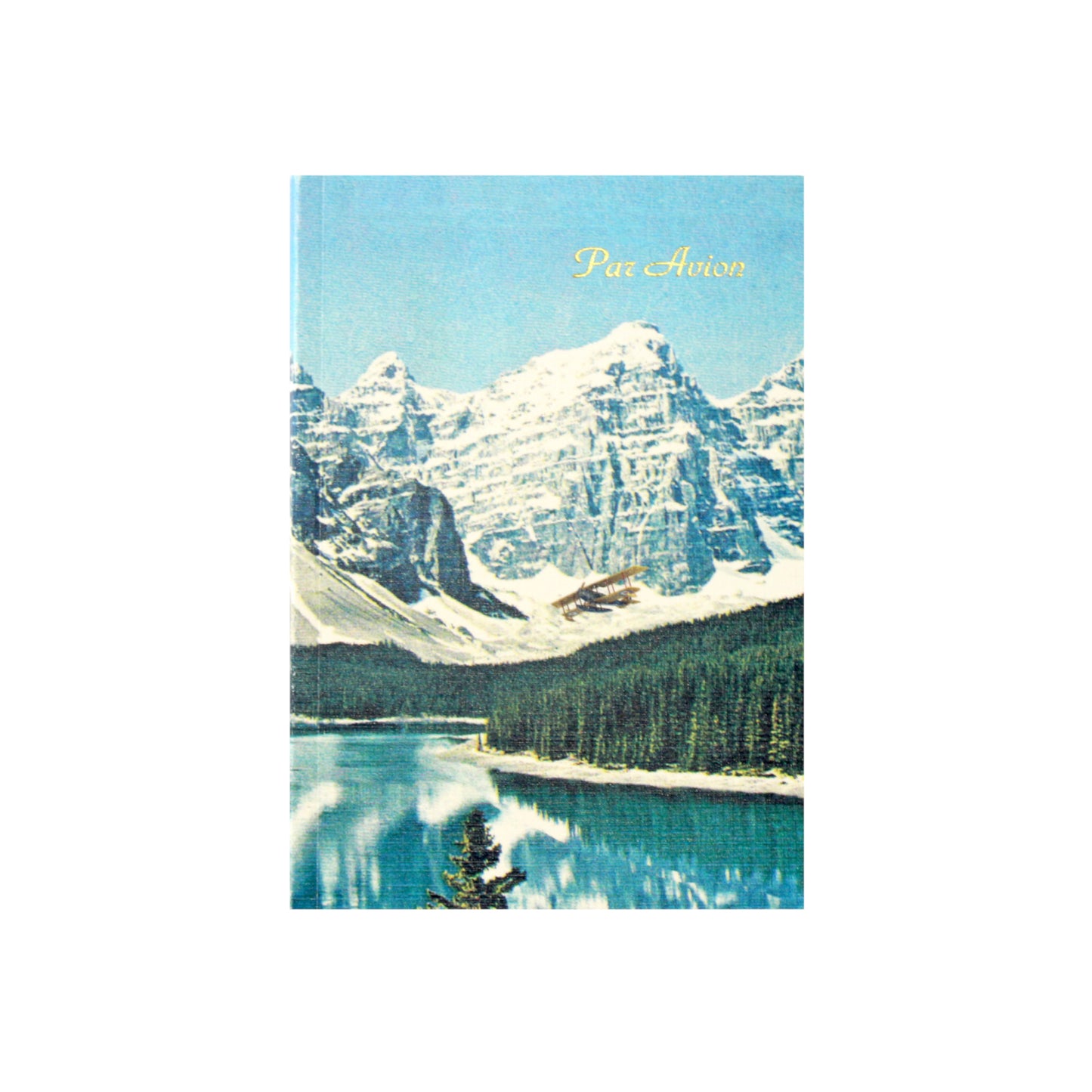 Canadian made notebook with a printed photograph of sea plane flying over Lake Louise in Alberta, Canada with snow covered Rocky Mountains in the background.