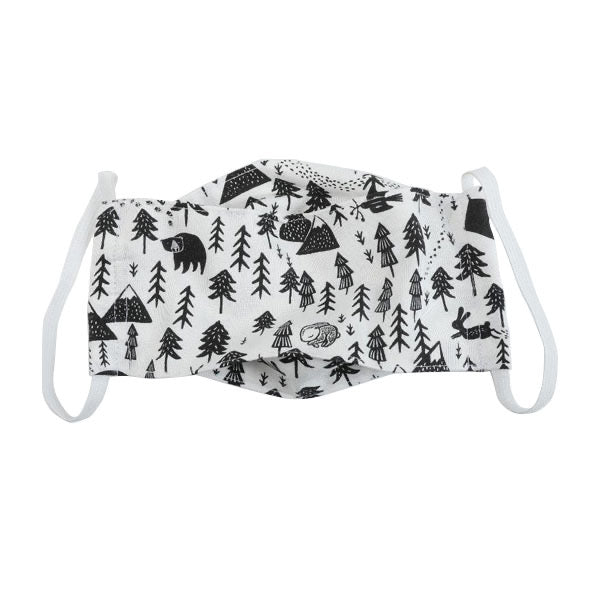 Made in Canada cotton non-medical face mask with black and white camping trees bears and mountains print.