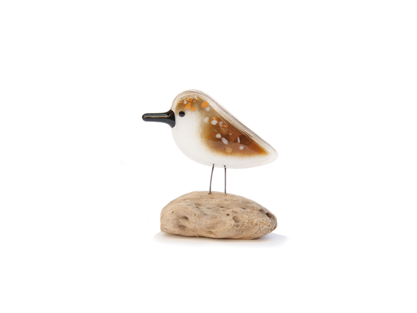 Glass sandpiper sculpture on driftwood, handmade in Canada.