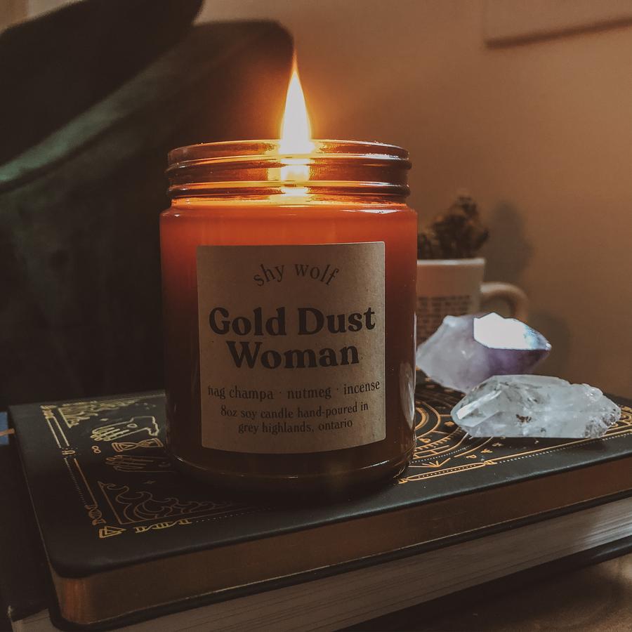 Made in Canada Gold Dust Woman natural soy candle scented with nag champa, nutmeg, incense.