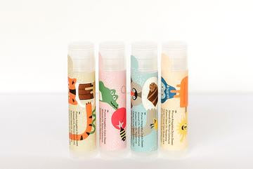 Canadian made kids natural lip balms with fun flavours and animal drawings.