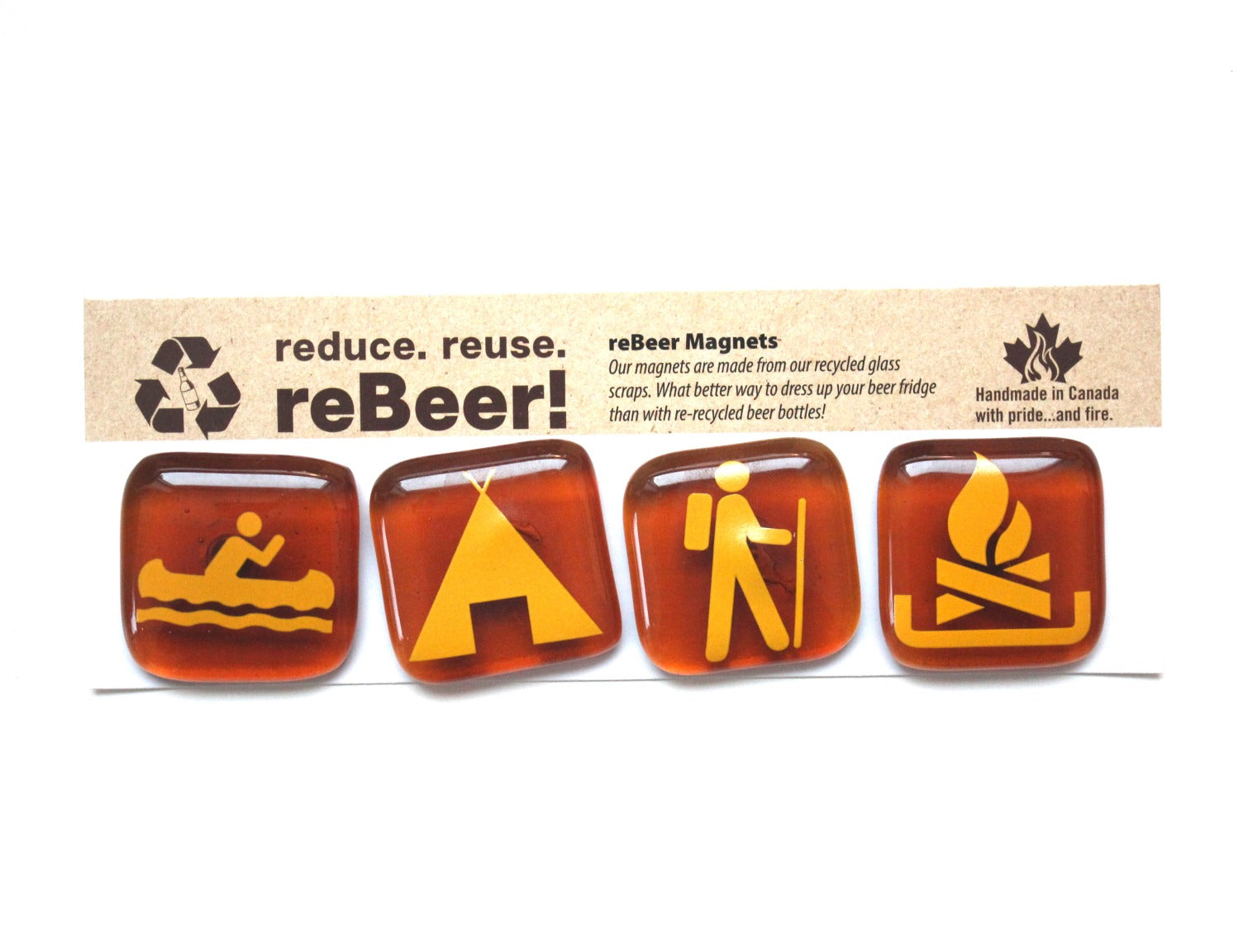 Made in Canada recycled beer bottle amber coloured magnets with yellow camping symbols of a tent, hiker, canoe and fire.
