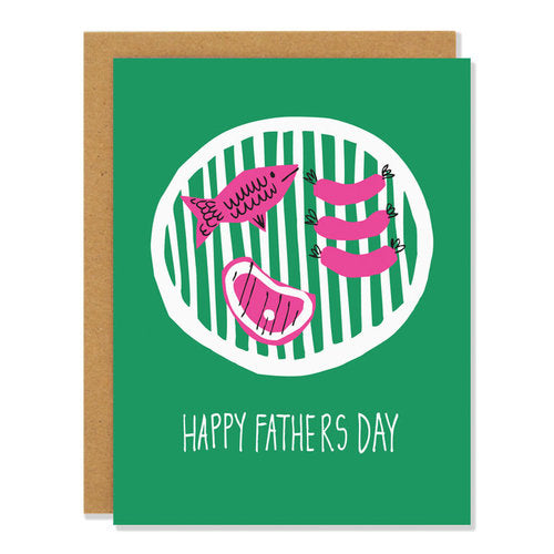 Made in Canada Fathers Day card with a drawing of a steak, sausages and a fish on a barbeque. Caption reads: Happy fathers day. 