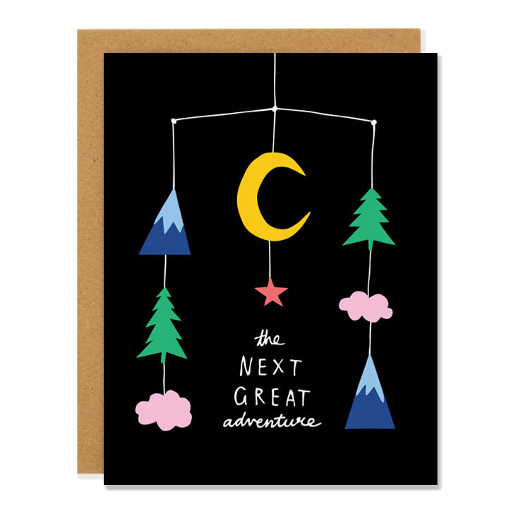 Made in Canada new baby greeting card with a drawing of a mobile with trees, clouds, mountains and the moon. Caption reads: the next great adventure.