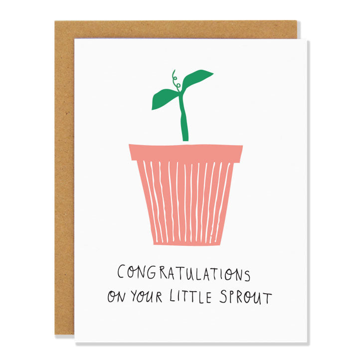 Made in Canada new baby greeting card with a drawing of a small green seedling in a pink pot. Caption reads: Congratulations on your little sprout