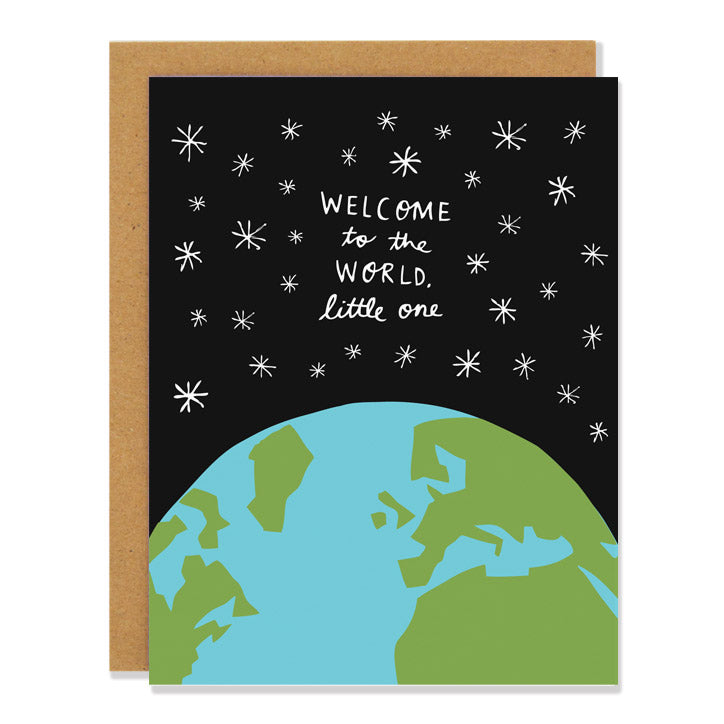 Canadian made new baby greeting card with a design of the Earth and stars in the sky. Caption reads: Welcome to the world little one 