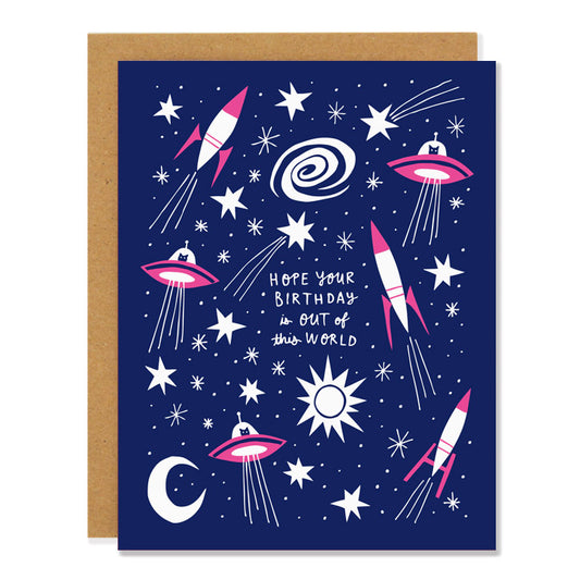 Made in Canada birthday card with rocket ships, shooting stars and UFOs in space. Caption reads: Hope your birthday is out of this world.