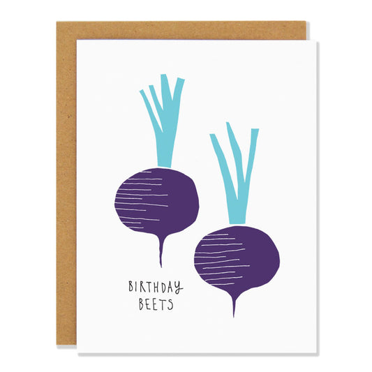 Made in Canada Birthday card with a drawing of two purple beets and a caption reading Birthday Beets.