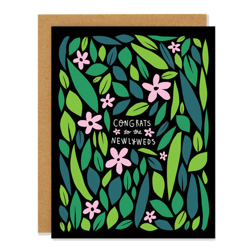 Canadian made wedding card with pink and green floral design. Caption reads: Congrats to the newlyweds