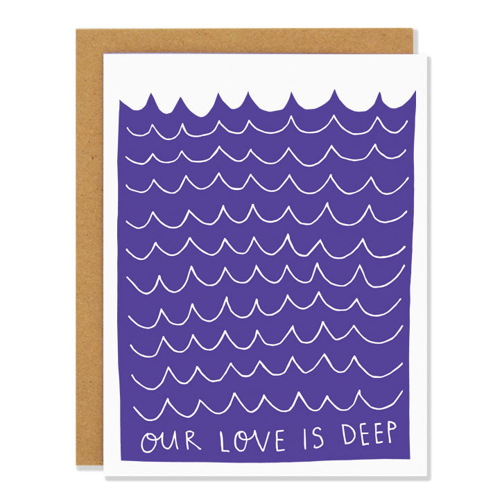 Made in Canada Love greeting card with a wavy indigo ocean design. Caption reads: Our Love is Deep