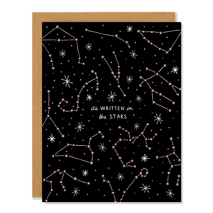 Made in Canada Love and friendship greeting card with constellation design. Caption reads: it's written in the stars