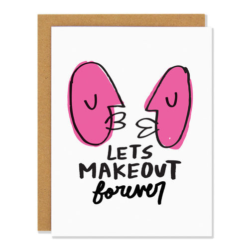Made in Canada Love and friendship card with a Picasso-style drawing of two genderless faces with pursed lips about to kiss. Caption reads: Lets make out forever