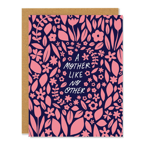 Canadian made mother's day card with pink floral design on navy background. Caption reads: A mother like no other