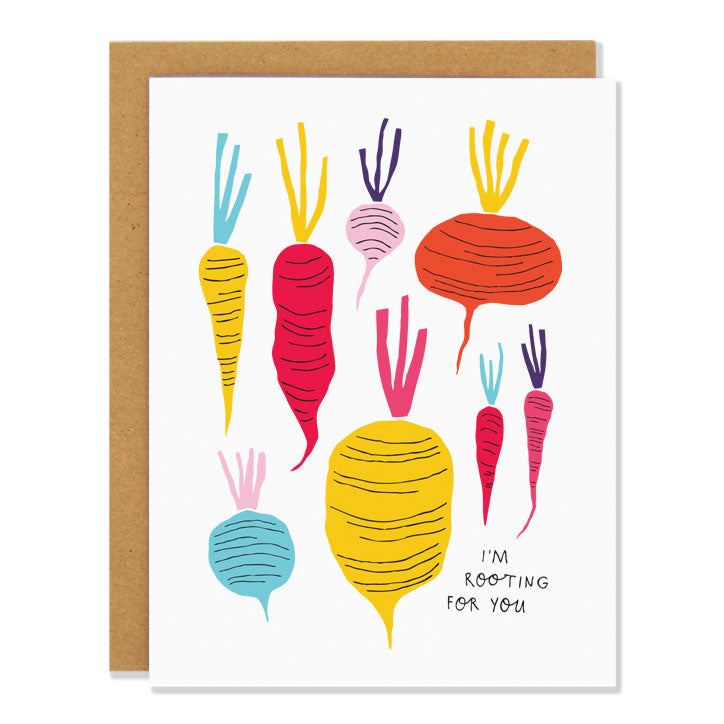 Canadian made encouragement greeting card with multicoloured root vegetable design. Caption reads: I'm rooting for you