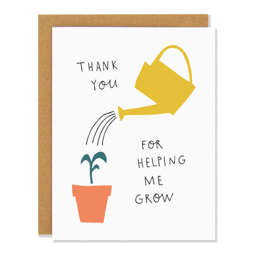 Made in Canada Thank You Card with yellow watering can giving water to a young seedling. Caption reads: Thank you for helping me grow
