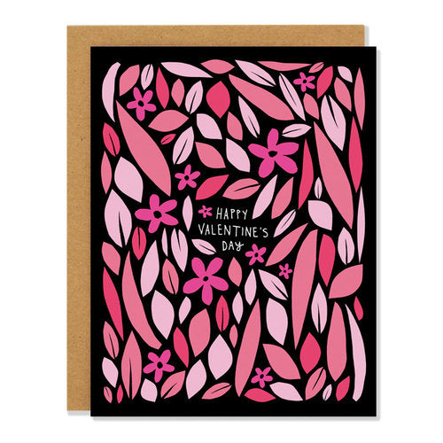 Made in Canada Valentines day card with a pink floral design. Caption reads: Happy Valentine's Day.