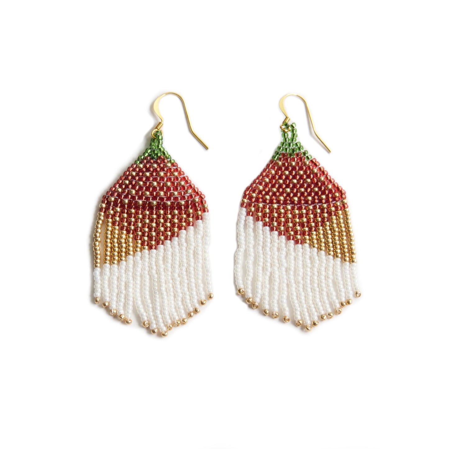 Strawberry coloured beaded earrings handmade by Canadian indigenous artist Bead n' Butter.