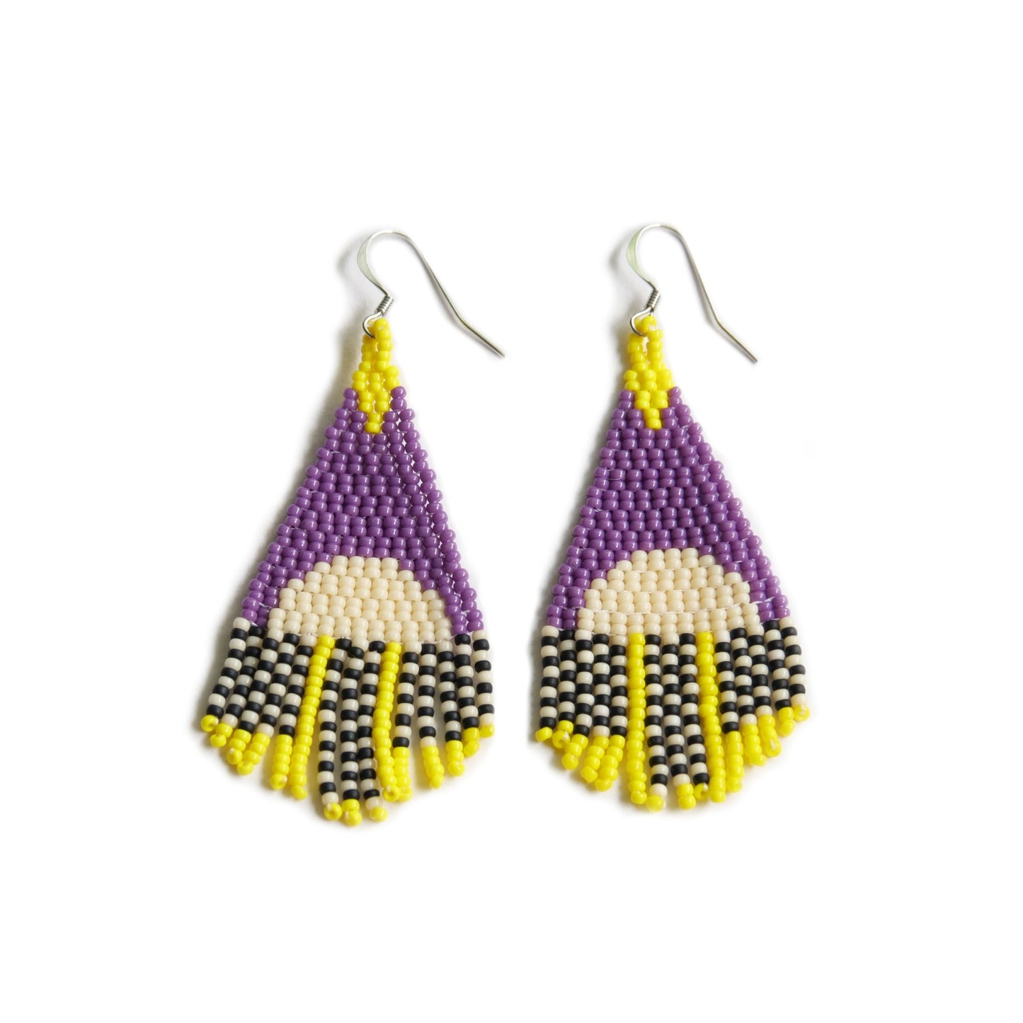 Purple, yellow, black and white beaded earrings handmade by Canadian indigenous artist Bead n' Butter.