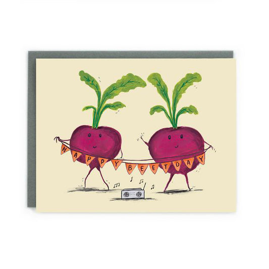 Canadian made birthday card with silkscreen drawing of two dancing beets with a boombox and a banner reading Happy Beet Day.