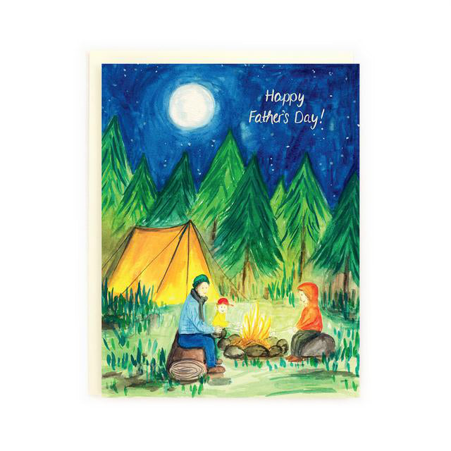 Canadian made fathers day card, hand painted scene of a father and child around a campfire with a tent and forest in the moonlight. Caption reads: Happy Father's Day!