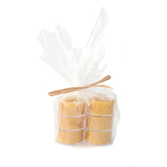 Gift wrapped pack of six tea lights, handmade in Canada with pure yellow Canadian beeswax.