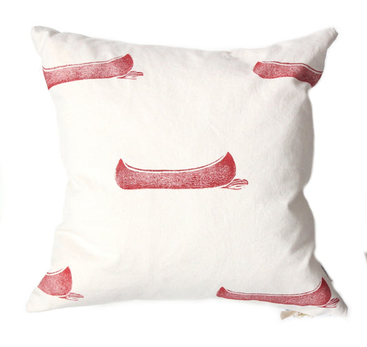 Made in Canada organic cotton pillow with hand printed red canoe design.