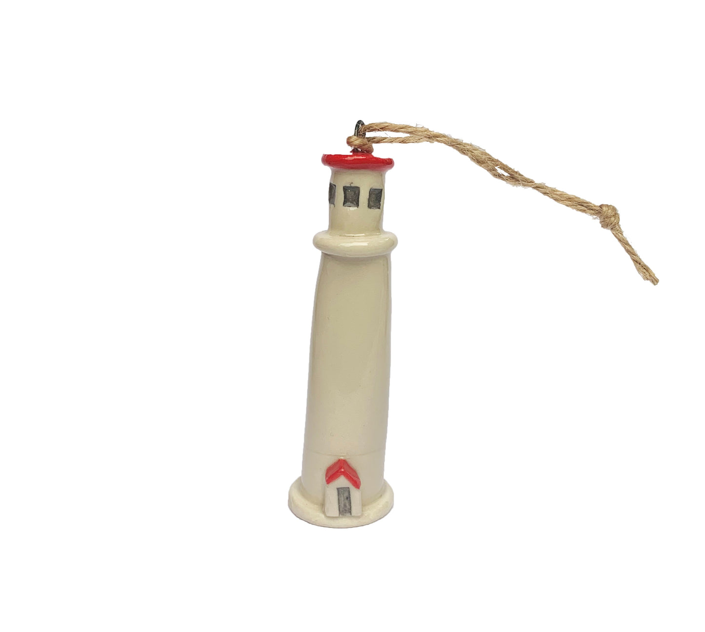 Hand painted ceramic red and white lighthouse ornament made in Nova Scotia, Canada.