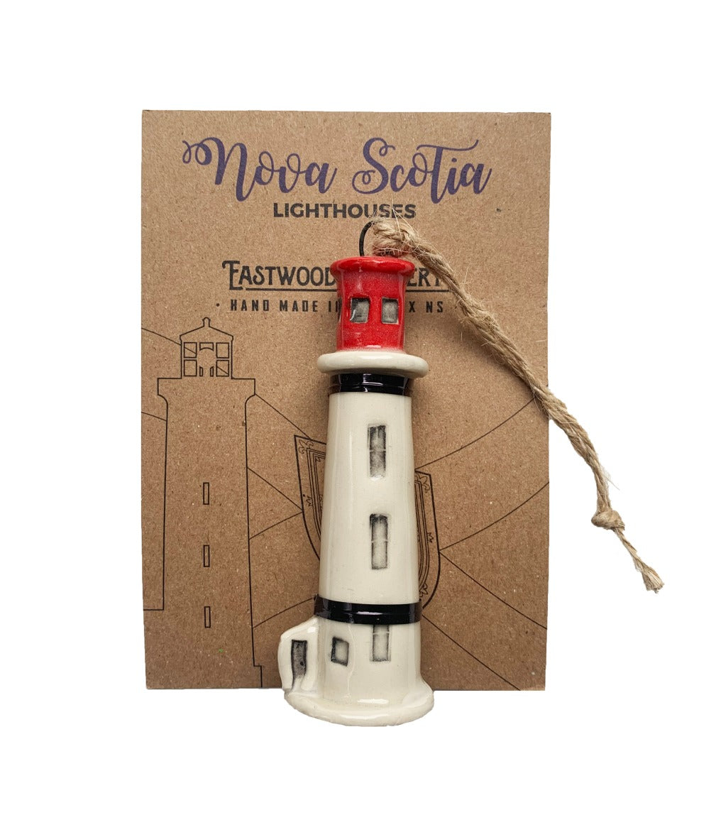 Hand painted ceramic Peggy's Cove lighthouse ornament, made in Nova Scotia, Canada.
