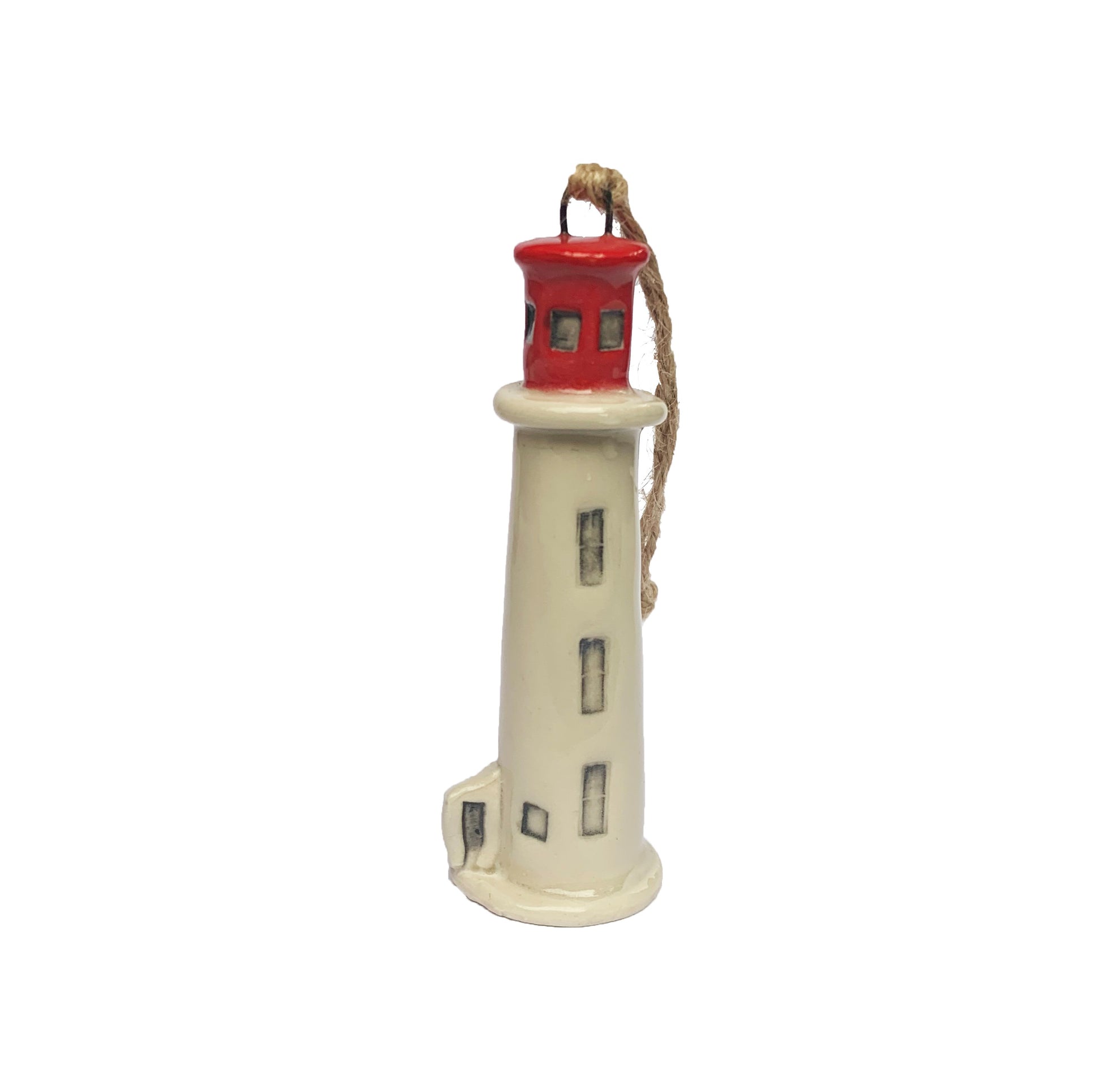 Hand painted ceramic Peggy's Cove lighthouse ornament, made in Nova Scotia, Canada.