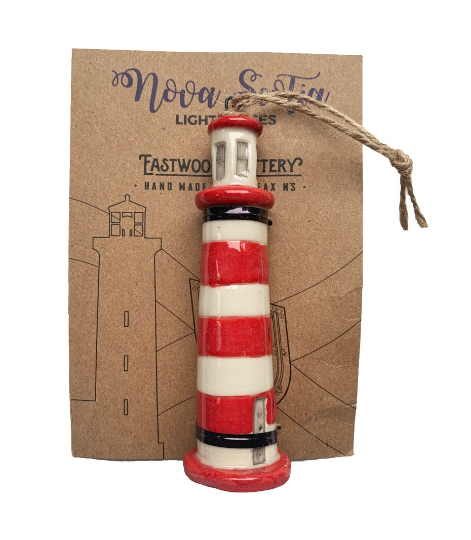 Hand painted ceramic Sambro Island lighthouse ornament, made in Nova Scotia, Canada.