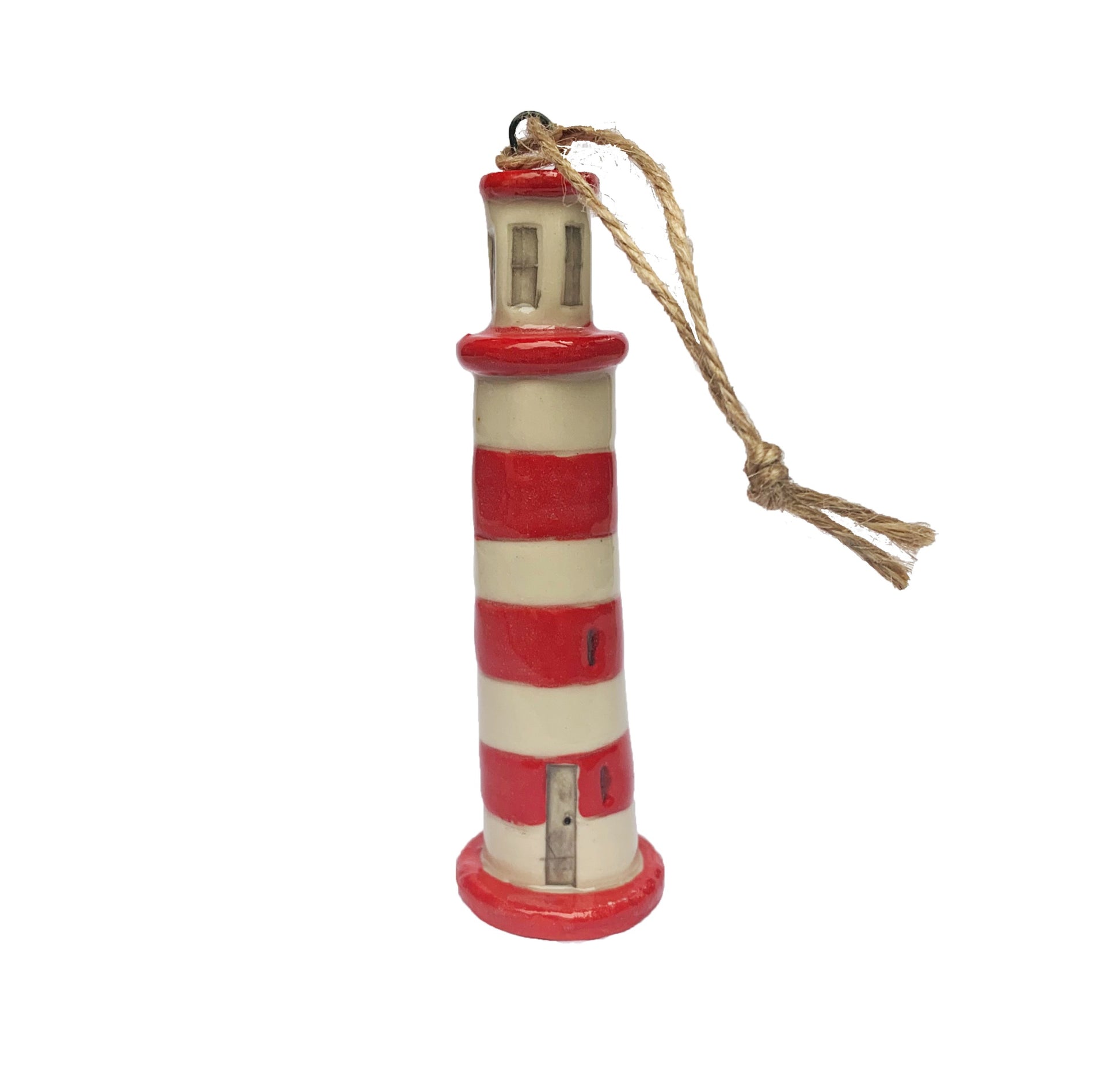 Hand painted ceramic Sambro Island lighthouse ornament, made in Nova Scotia, Canada.