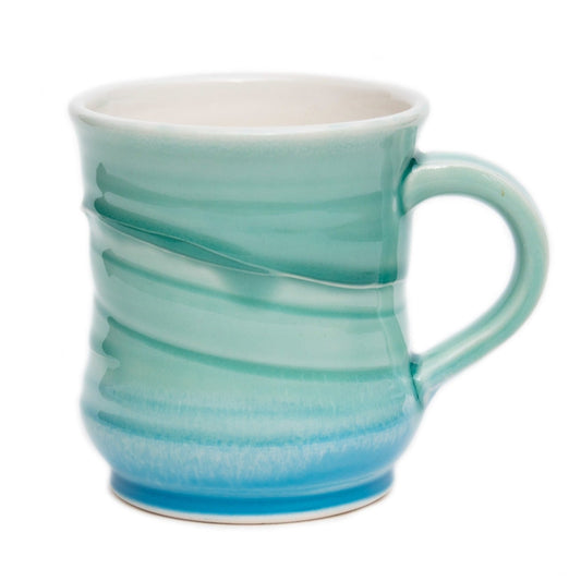 Hand painted blue and green watercolour ceramic mug, handmade in Nova Scotia, Canada.