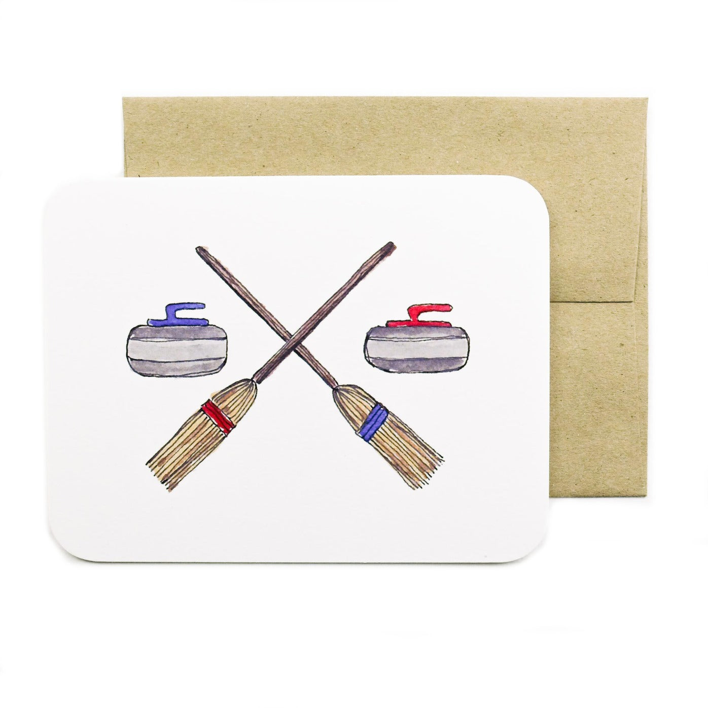 Made in Canada greeting card with drawing of two red and blue curling rocks and brooms.