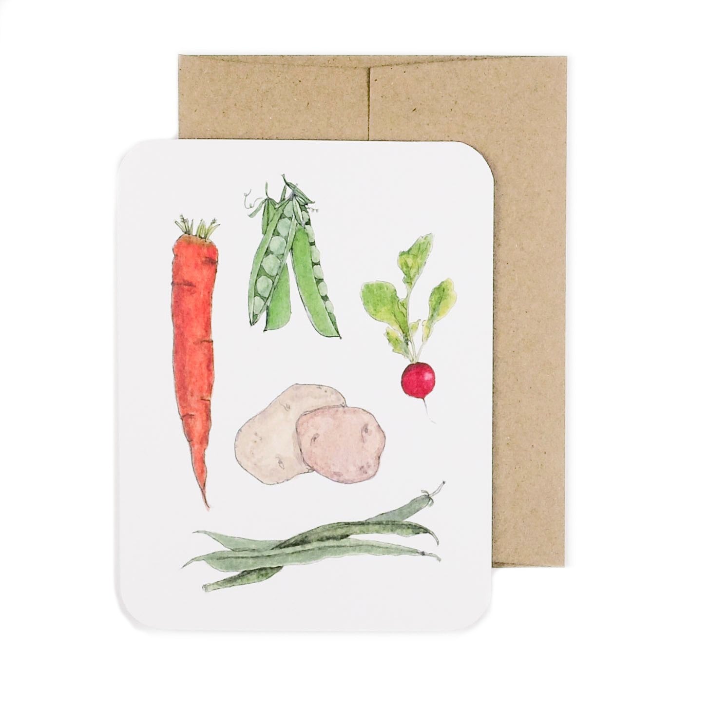 Made in Canada greeting card with drawing of a carrot, potatoe, radish, pea pods and green beans.