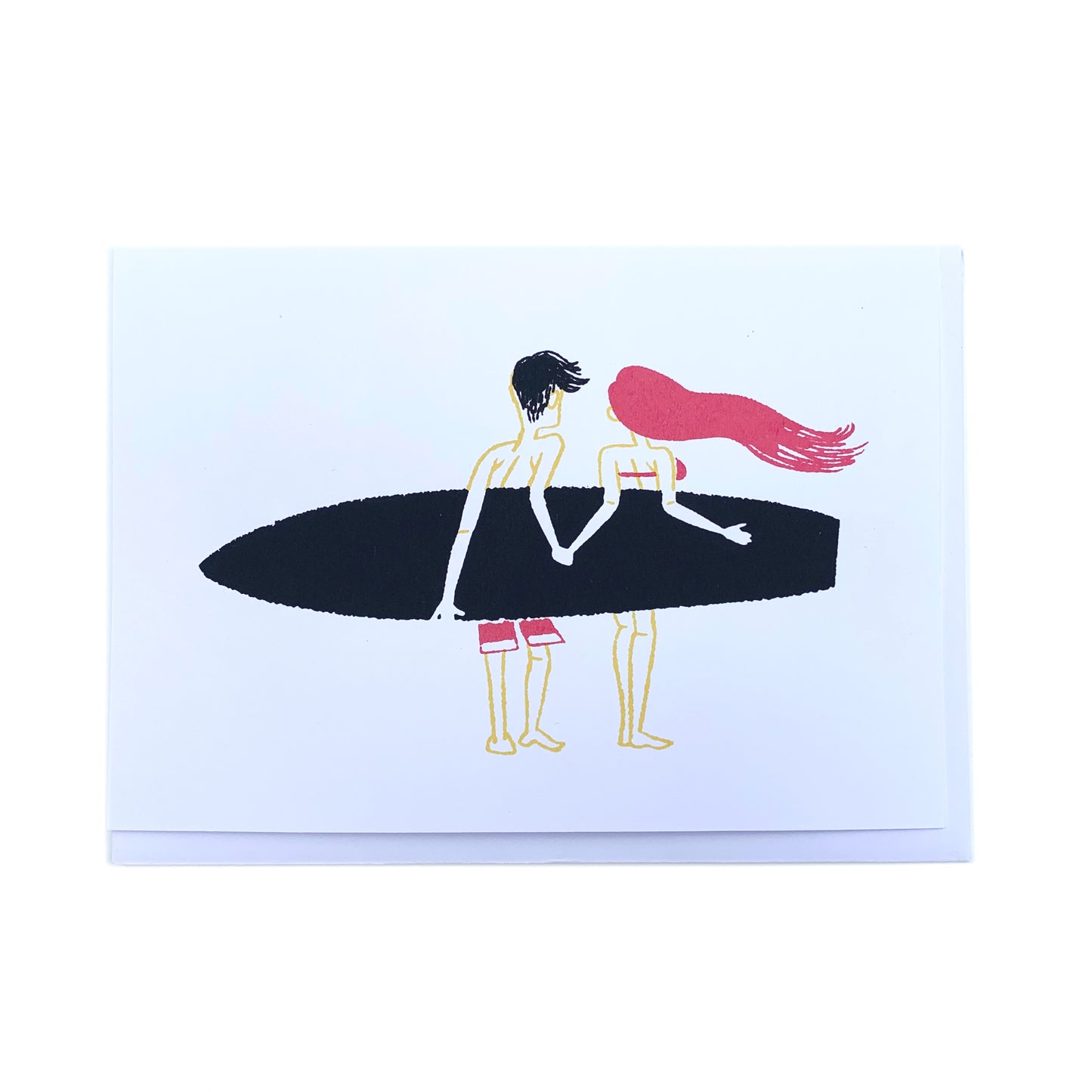 Made in Canada surfing themed love and friendship card, with silkscreen painting of two surfers holding one surfboard and holding hands. No caption.