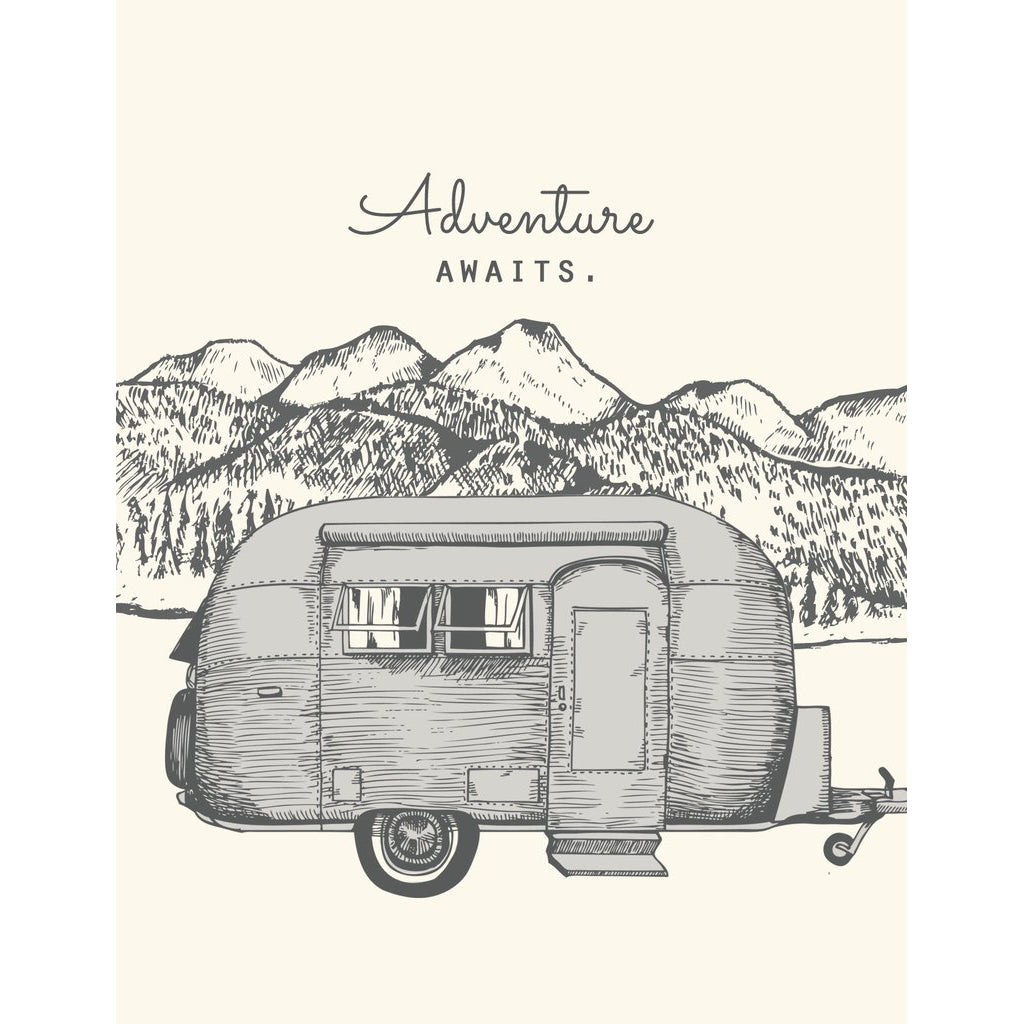 Made in Canada greeting card with caption: Adventure Awaits. Airstream camper with trees, mountains and river in background. 