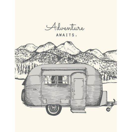 Made in Canada greeting card with caption: Adventure Awaits. Airstream camper with trees, mountains and river in background. 