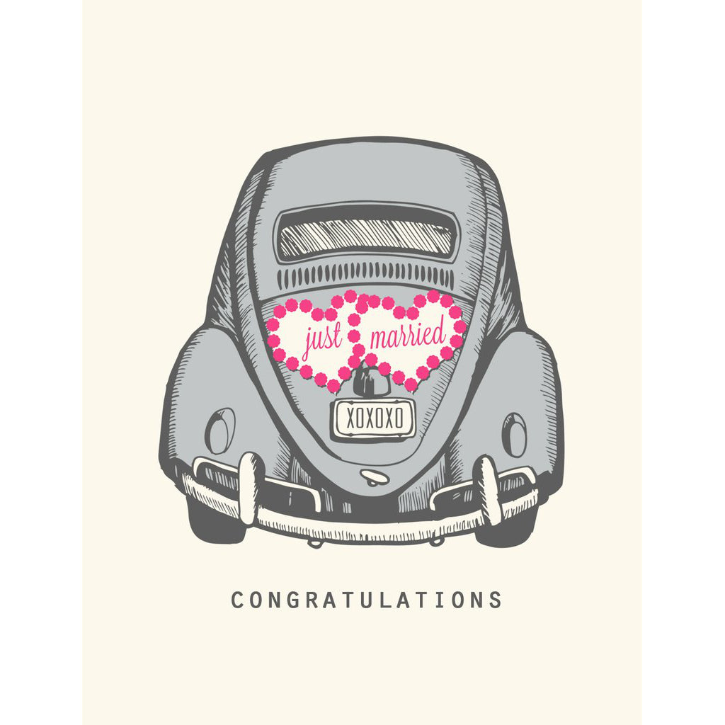 Made in Canada wedding card with silkscreen drawing of a vintage Volkwagen Beetle with Just Married heart decal. Caption reads: Congratulations