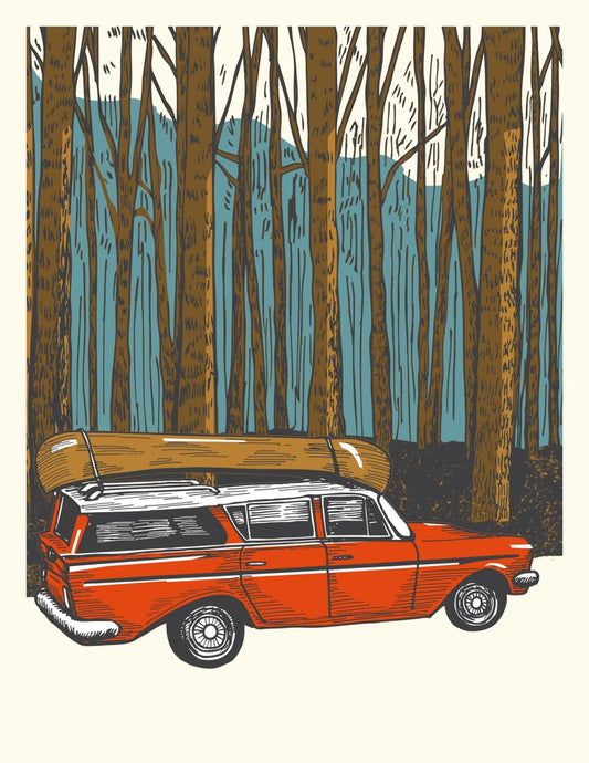 Made in Canada Greeting card with silkscreen drawing of a vintage station wagon driving through a mountainous forest with a wooden canoe on the roof.
