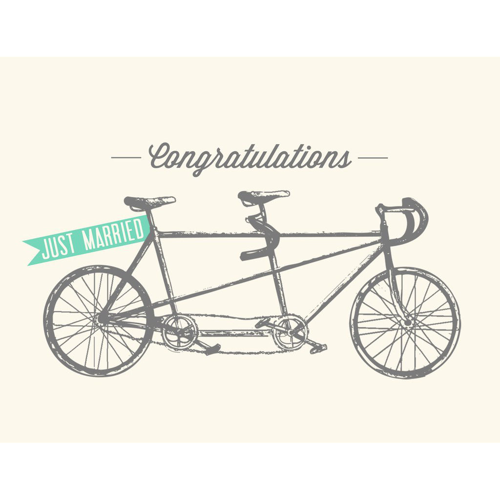 Made in Canada wedding card with drawing of a tandem road bike, with a Just Married flag flying on the back. Caption reads: Congratulations