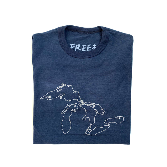 Made in Canada blue tee shirt with white outline of the Great Lakes.