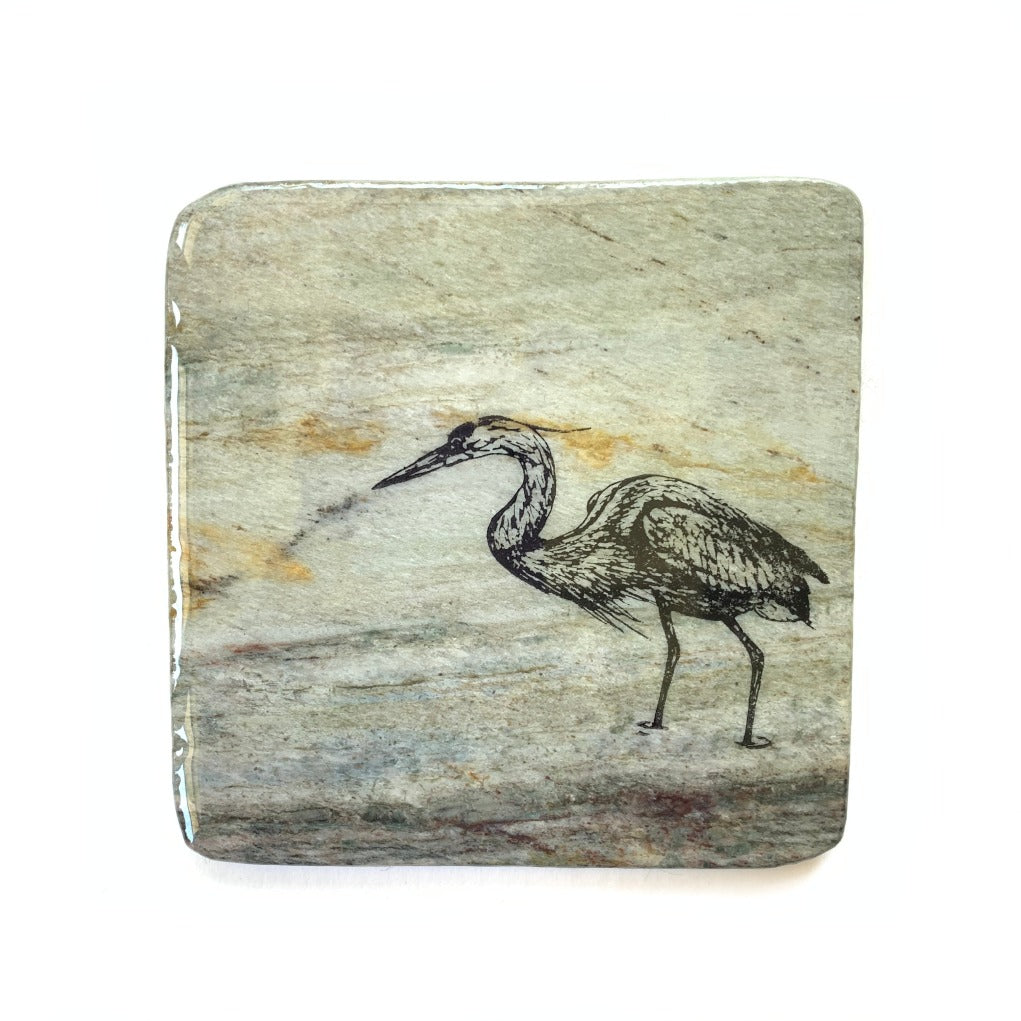 Granite coaster with blue heron design made in Canada.