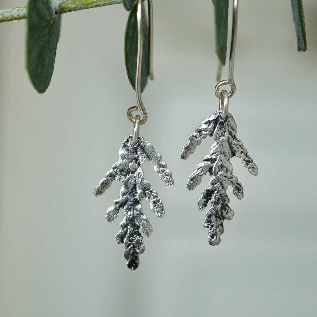 Made in Canada Justine Brooks silver cedar leaf drop earrings hanging on a fresh green eucalyptus sprig.