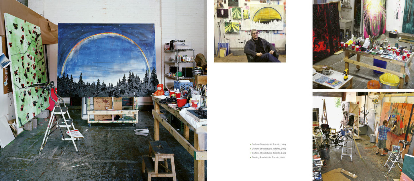 Sample page from Canadian art book Kim Dorland with four studio shots.