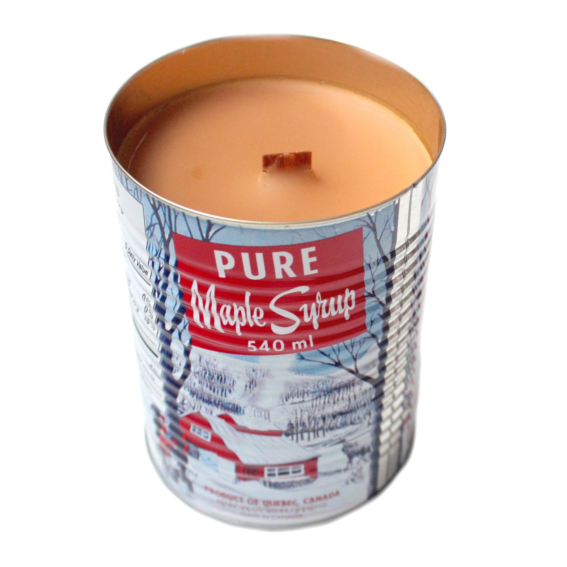 Made in Canada maple syrup tin candle with wooden wick. 