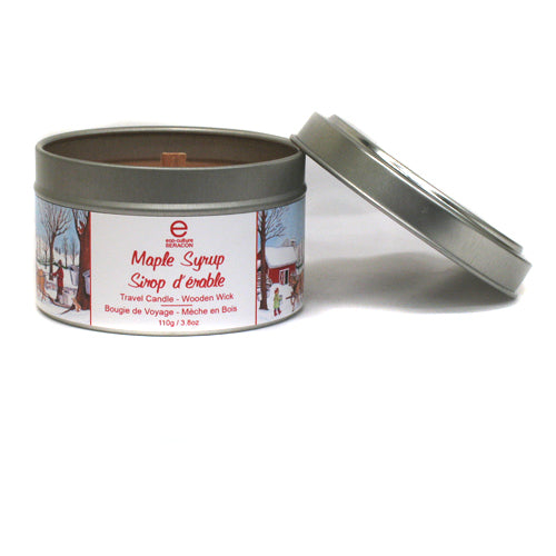 Made in Canada maple syrup travel size tin candle with wooden wick. 